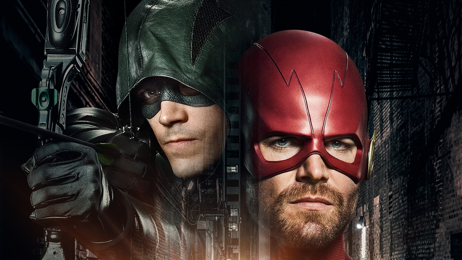 Arrow and the flash are in the middle of a scene (oliver queen, arrow, the flash, stephen amell, superhero)