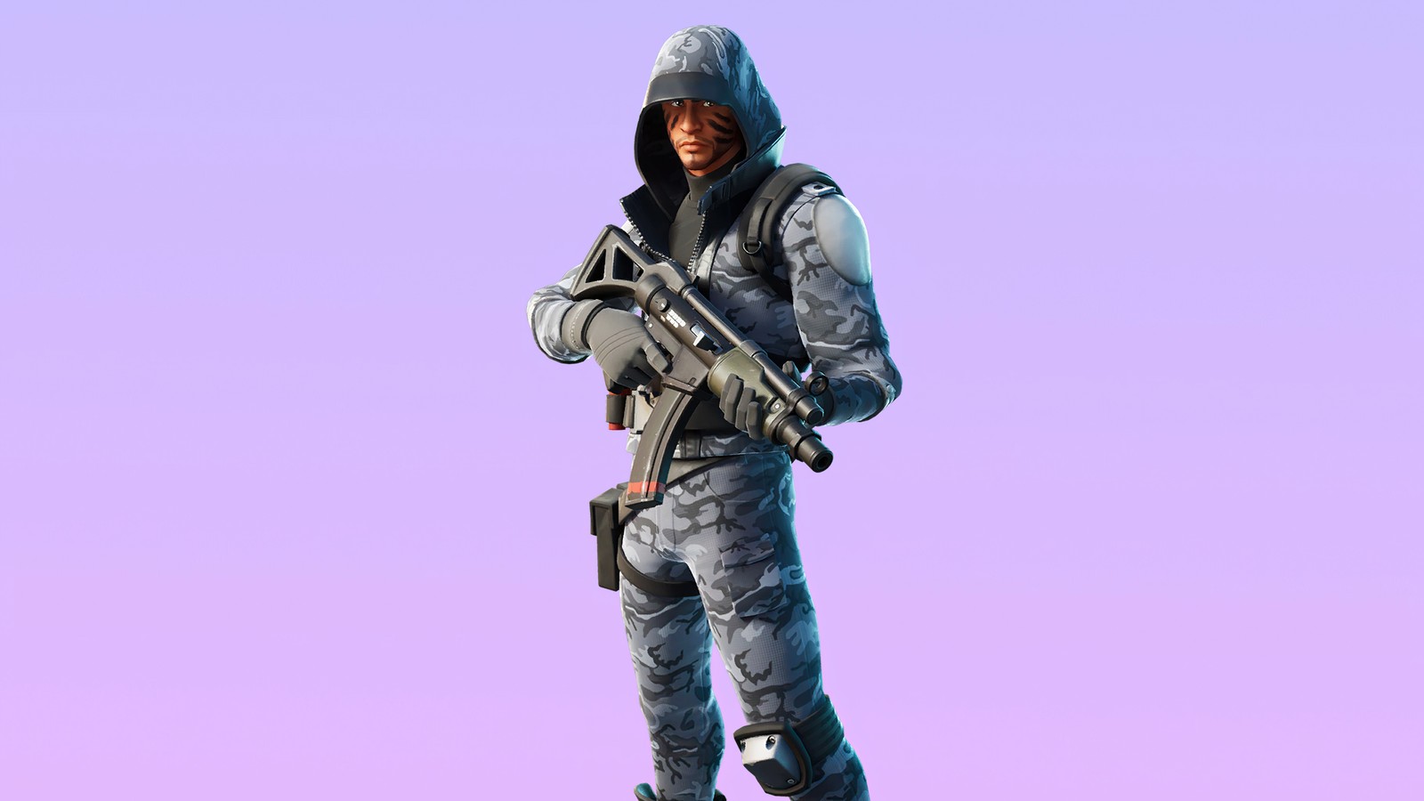 A close up of a person in a hoodie holding a gun (chillout, fortnite, fortnite battle royale, video game, skin)