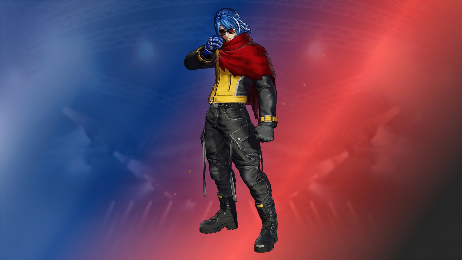 Un primer plano de una persona en traje con un teléfono celular (krohnen mcdougall, the king of fighters xv, kof 15, videojuego)