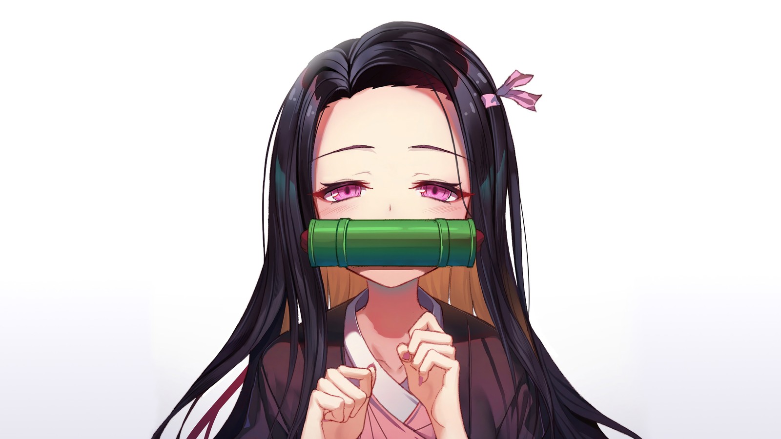 Anime girl with long black hair and pink eyes holding a green pencil (nezuko kamado, kimetsu no yaiba, anime, demon slayer kimetsu no yaiba)