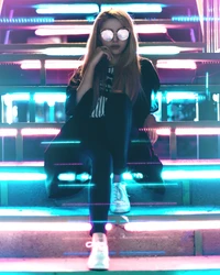 girl, urban girl, metal stairs, led lights, neon