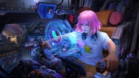 Futuristic Pilot with Pink Hair Navigating a High-Tech Spacecraft