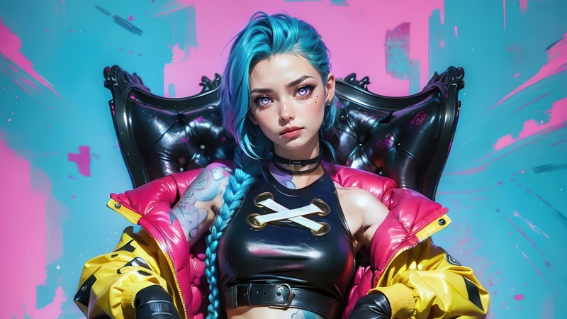 Женщина с синими волосами сидит в кресле с розовым фоном (джинкс, jinx, league of legends, видеоигра, lol)