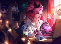 Seraphine do K/DA desfrutando de uma sessão de jogos aconchegante com um microfone brilhante e uma decoração vibrante.