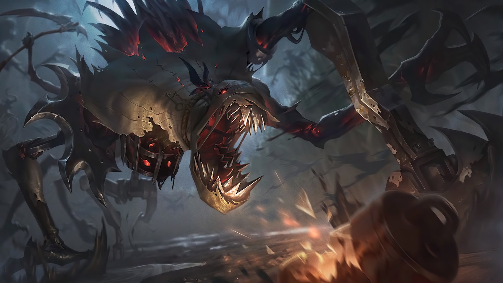 A close up of a demonic creature with a knife in its mouth (fiddlesticks, new, splash art, lol, league of legends)