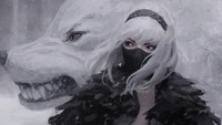 Enigmatic Girl in Wolf Mask Amidst a Snowy Fantasy Landscape