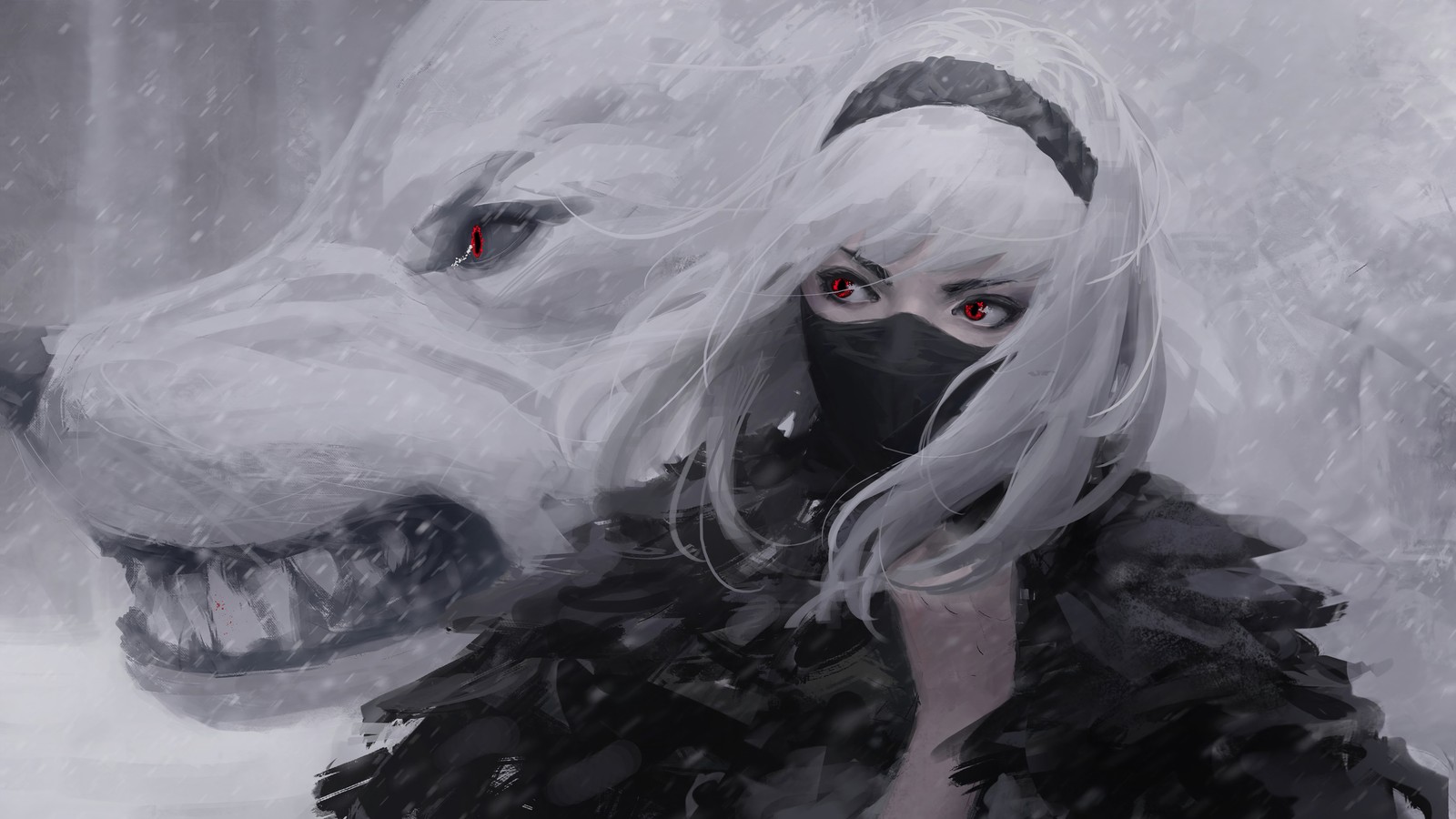 fantasy, girls, mask, white, wolf wallpaper