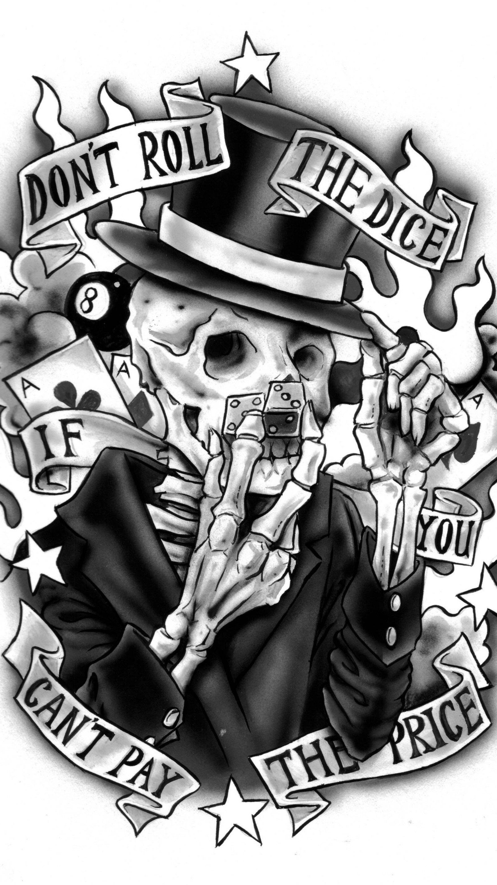 A black and white drawing of a skeleton with a top hat and a cigarette (art, dice, price, skeleton, tattoo)