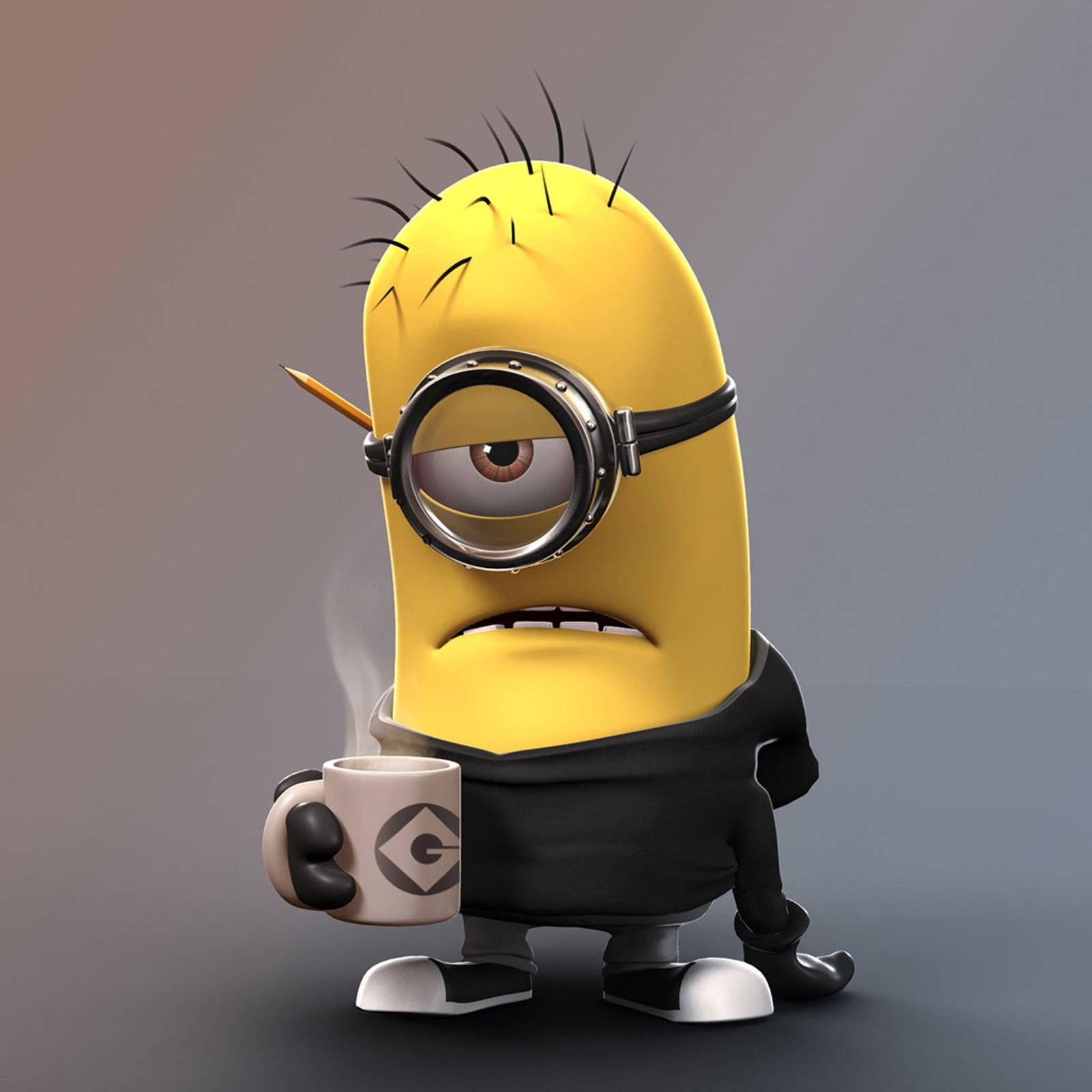 A close up of a cartoon character holding a cup of coffee (despicable me, funny, minions, movie)