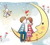 pareja, cupido, lindo, amor, luna