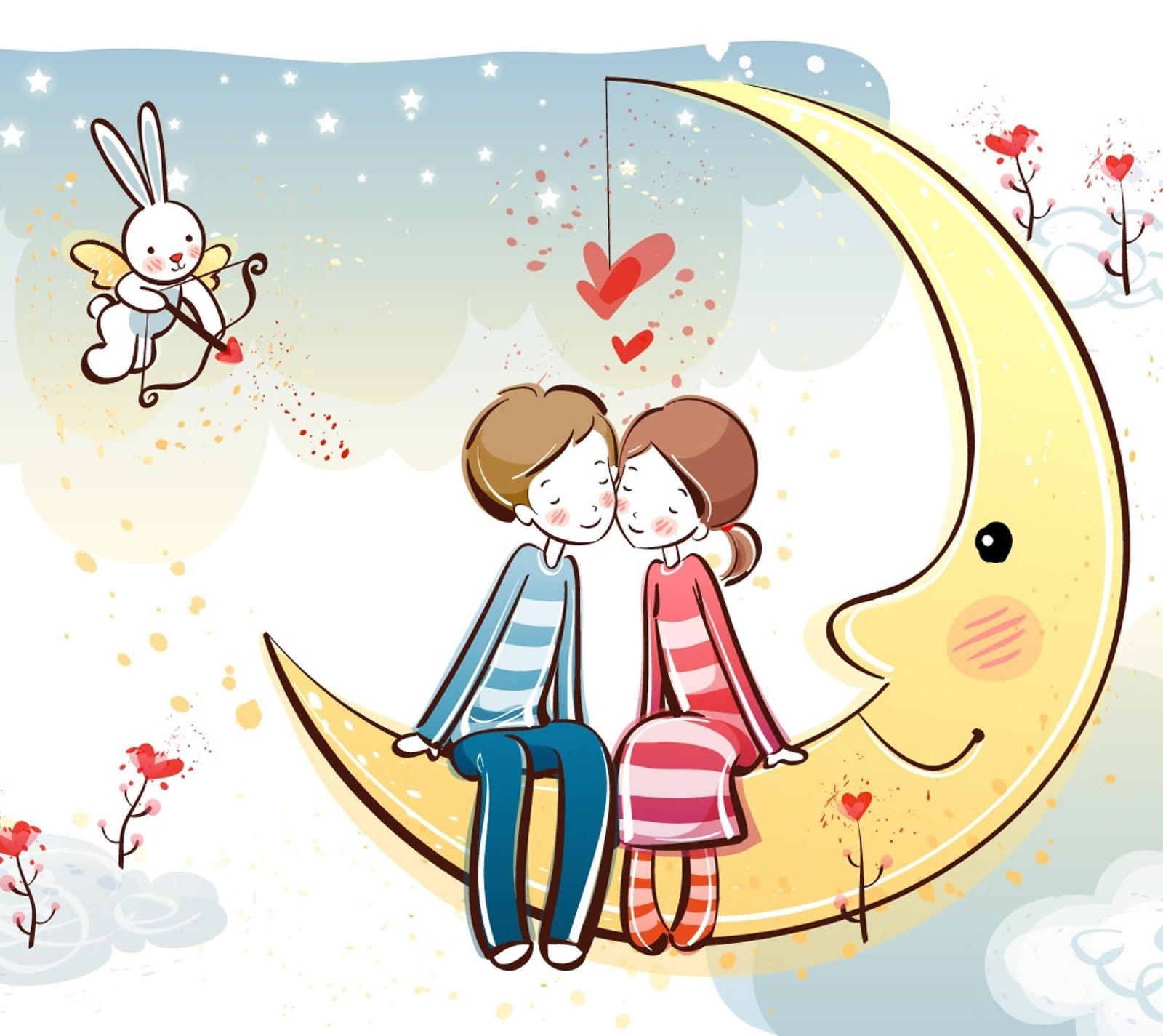 Descargar fondo de pantalla pareja, cupido, lindo, amor, luna