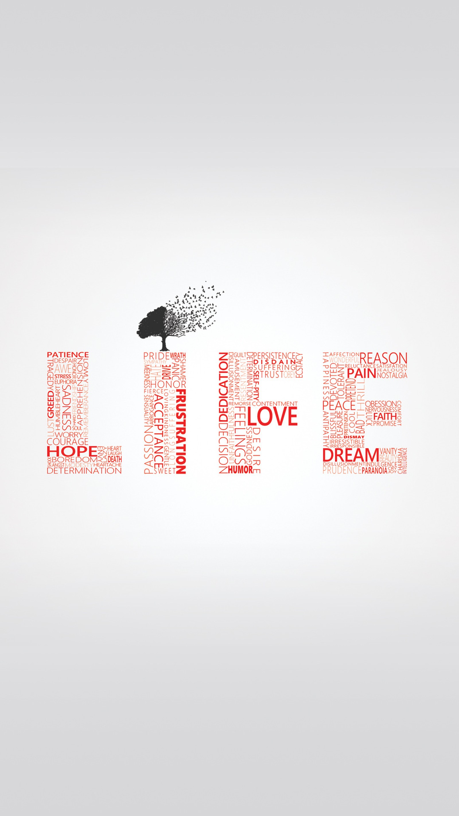 Araffe word cloud with a tree and a bird on top (hope, life, typography)