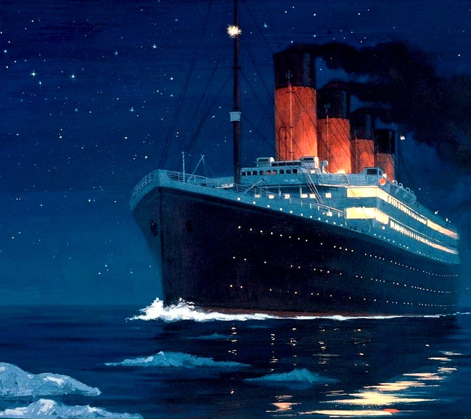 Painting of a large ship in the ocean at night (titanik)