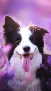 border collie, dog, happy, purple wallpaper