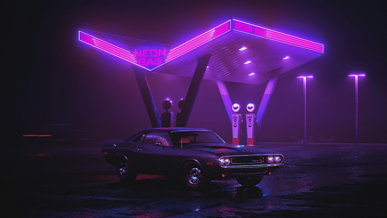 A dark car parked in front of a gas station at night (digital art, car, neon, night)