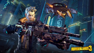 Zane de Borderlands 3 empuñando un arma futurista con un aerodeslizador elegante sobre él.