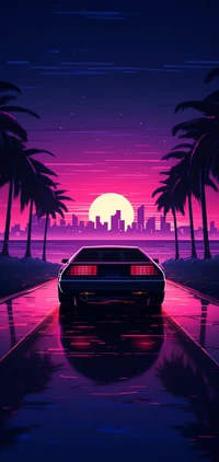 Paseo del Atardecer Neón: Un Viaje Synthwave a Través de Calles Alineadas de Palmeras