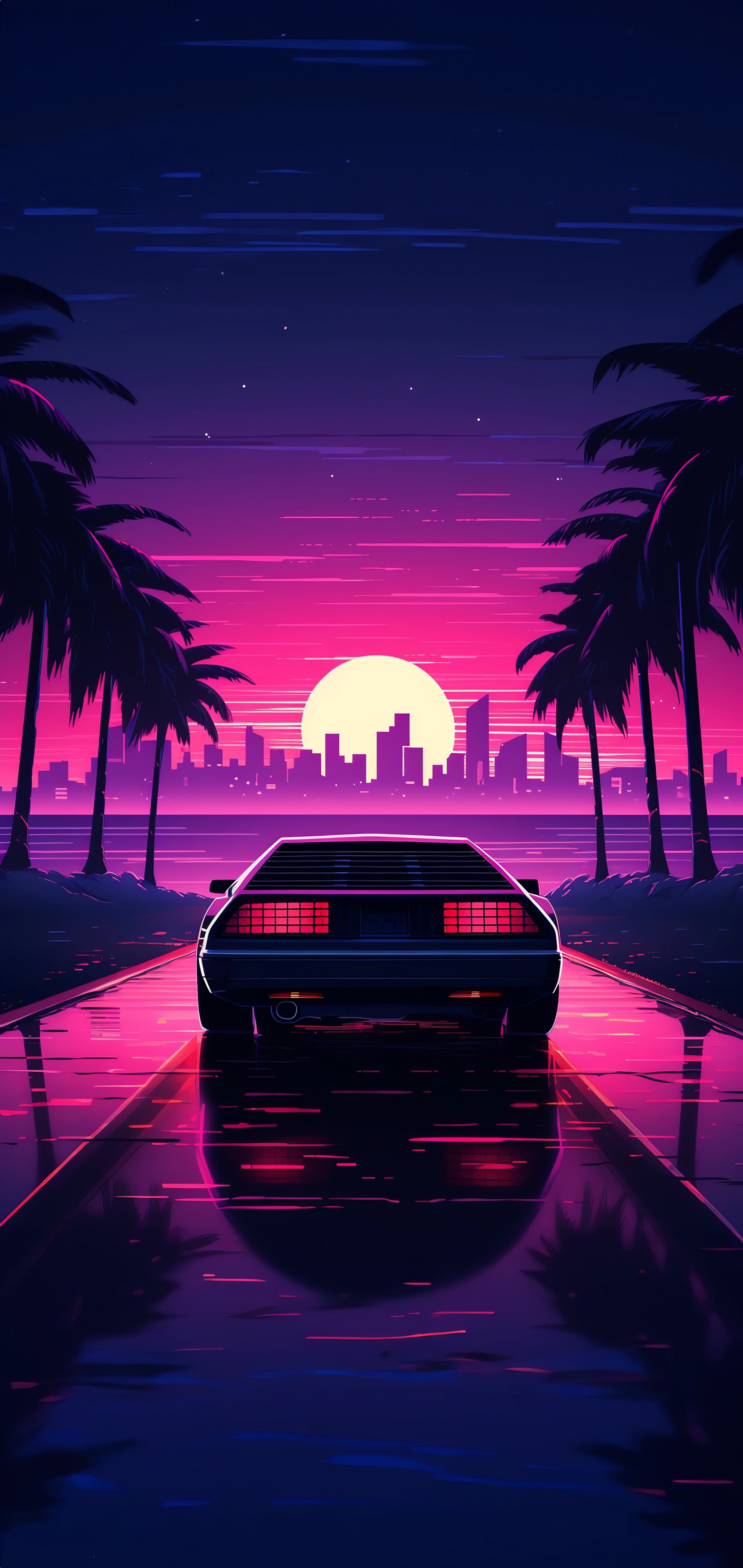 Автомобиль, едущий по дороге с пальмами и закатом на фоне (освещение, synthwave, картина, мир, природа)