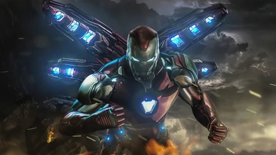 Iron Man s'envole avec des ailes technologiques avancées dans une scène d'action dynamique