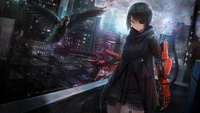 Cyberpunk Girl with Robotic Arms and Crow Overlooking a Futuristic City