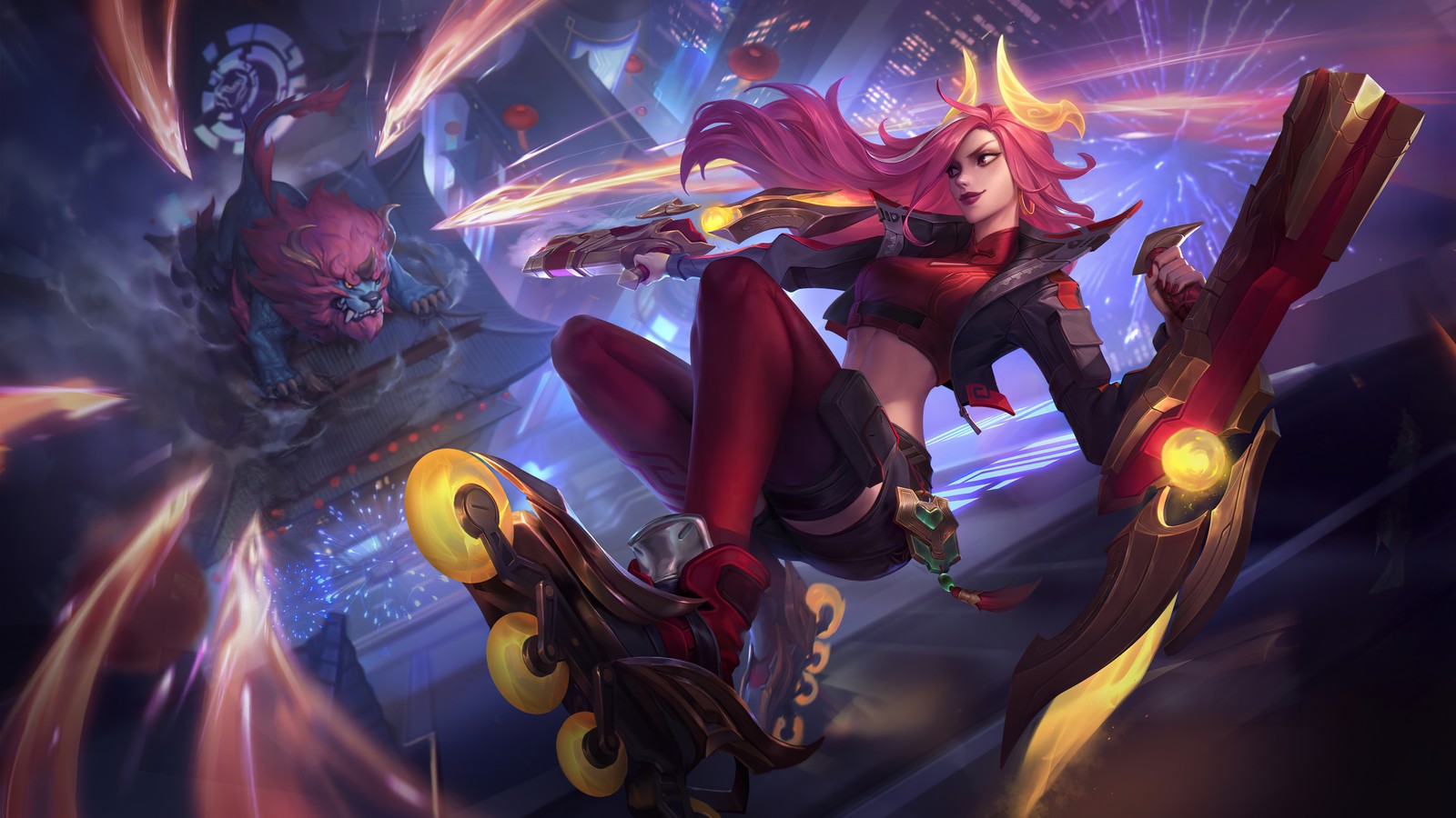 Una mujer en un traje rojo vuela por el aire (bestia lunar, miss fortune, lol, league of legends, videojuego)