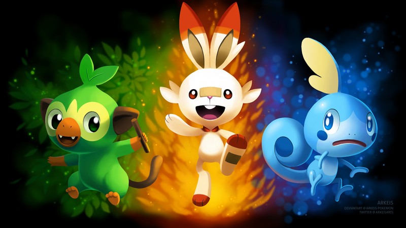 Обои покемонов от искусства ночи (груки, grookey, скорбани, соббл, sobble)