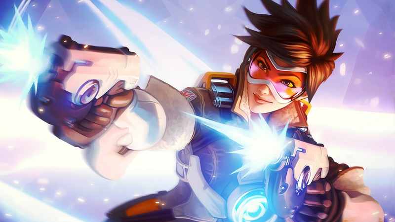 Крупный план человека с оружием в космосе (tracer, overwatch, видеоигра)