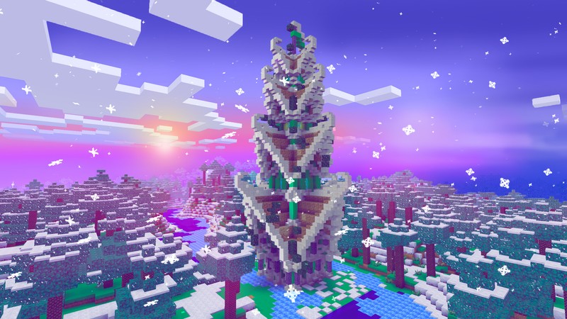 Uma torre muito alta no meio de uma cidade com um fundo de céu. (natal, feriado, árvore de natal, minecraft, jogo de vídeo)