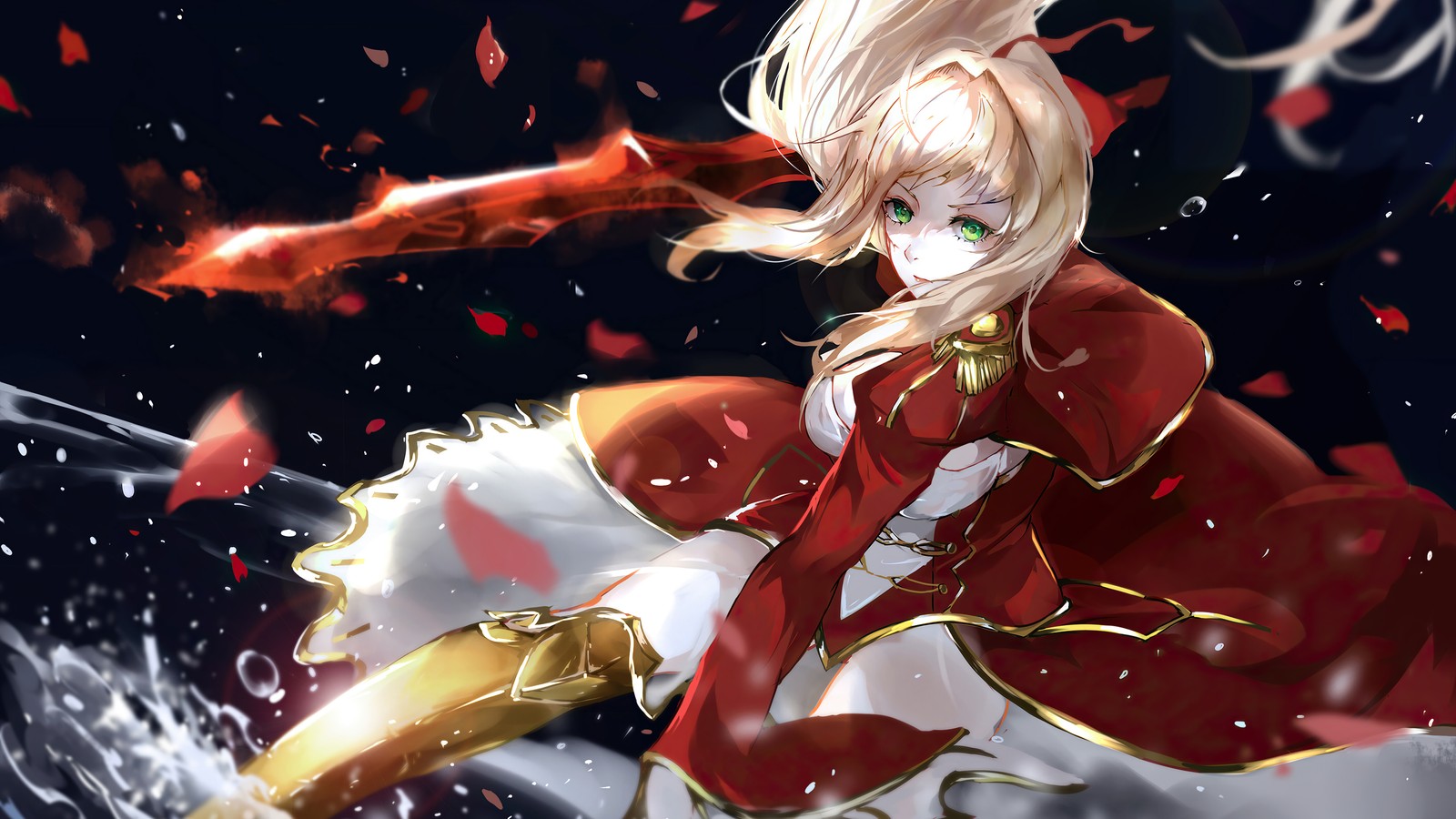 Fille d'anime avec de longs cheveux blonds et une robe rouge volant dans les airs (red saber, nero claudius, fategrand order, fate grand order, fgo)