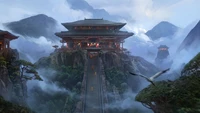 japanese, temple, mountains, fantasy, art wallpaper