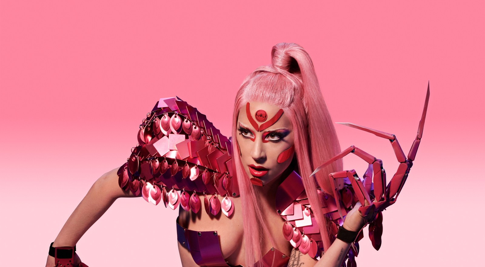 A woman with pink hair and a pink outfit holding a knife (lady gaga, pink aesthetic, 10k, american singer, 5k)