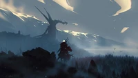 Geralt de Rivia fait face à un dragon dans un paysage mystique