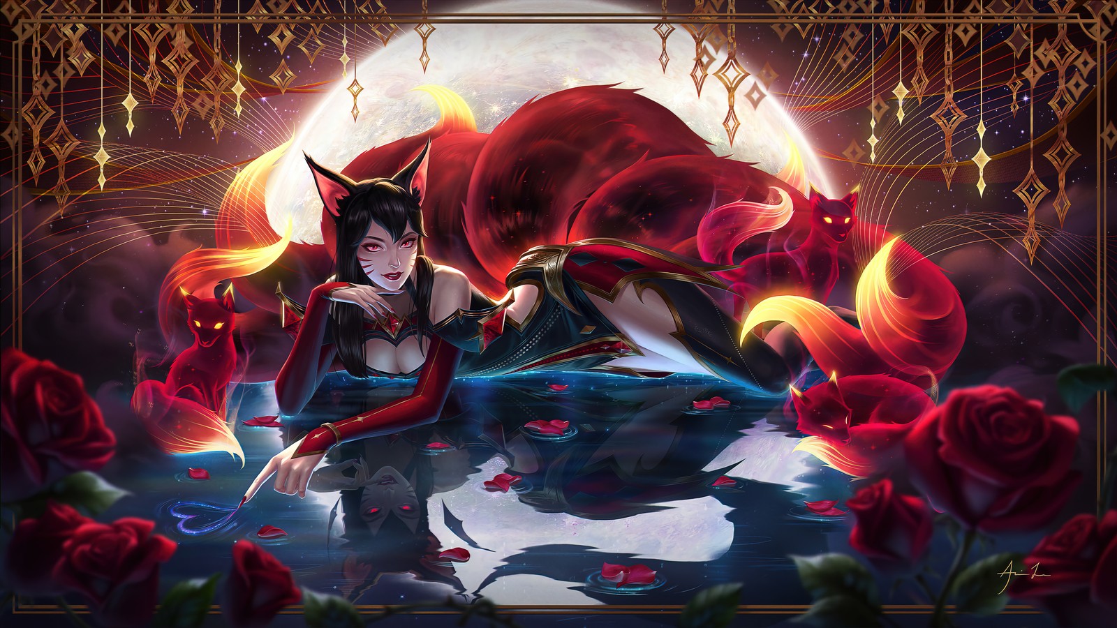 Une femme en robe rouge assise sur un lit de roses (ahri, arcane, lol, league of legends, jeu vidéo)