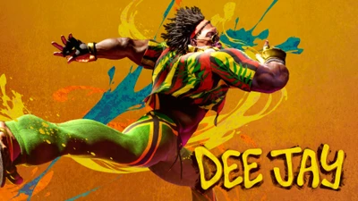 Deejay de Street Fighter 6 délivrant un coup de pied dynamique sur un fond vibrant.