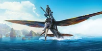 Jake Sully Riding a Banshee Over the Ocean in Avatar: The Way of Water