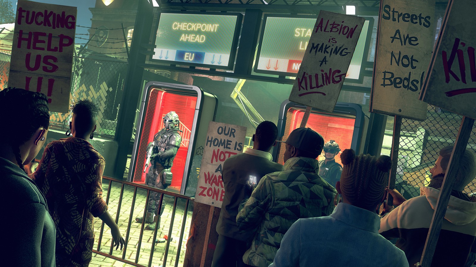 People standing in line outside of a building with signs (watch dogs legion, video game, watch dogs 3)