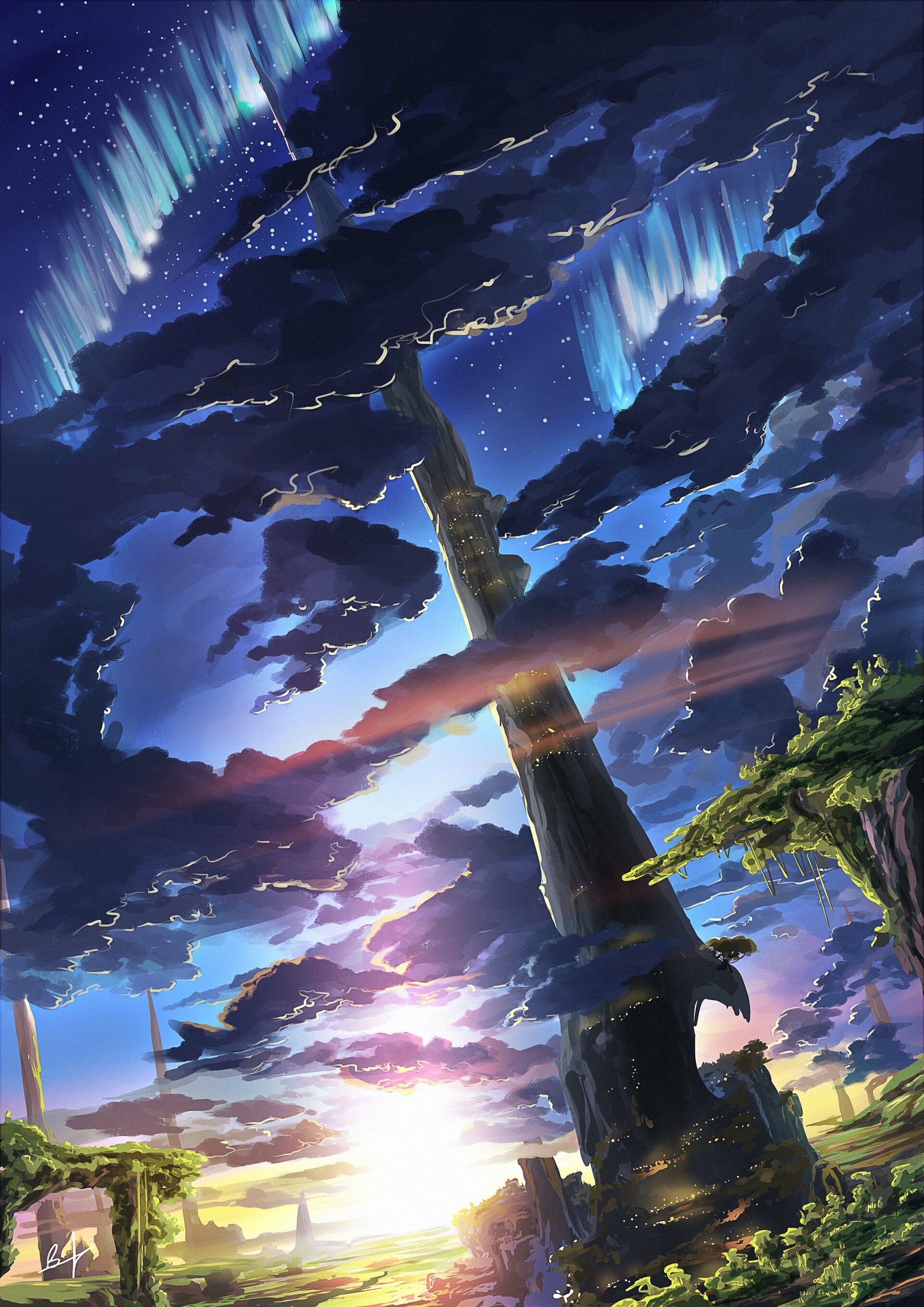 Anime scenery of a tall tower with aurora lights in the sky (atmosphere, light, space, cloud, illustration)