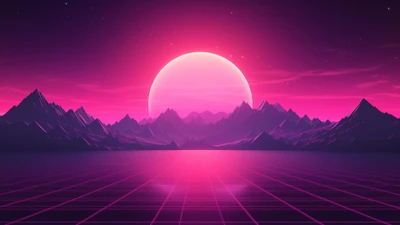 sunset, mountain, synthwave, retrowave, minimalist