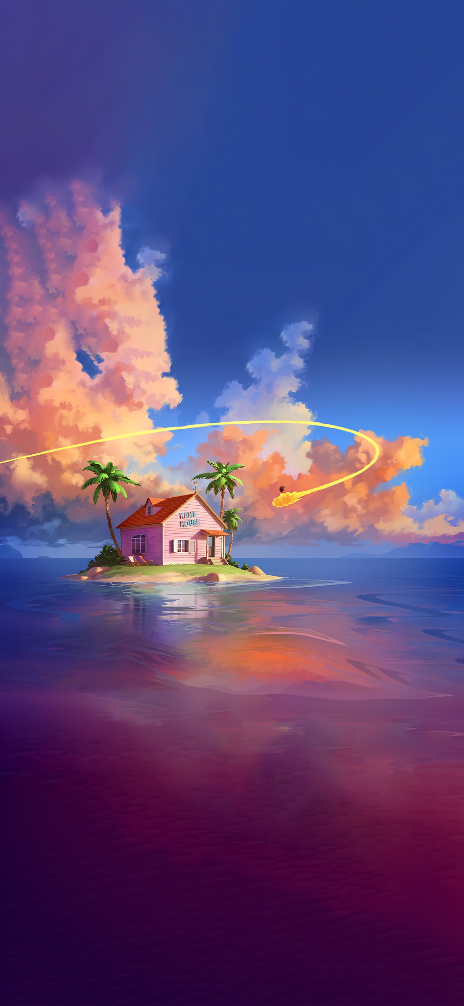 Painting of a house on a small island with palm trees (dragon ball, cloud, world, building, natural landscape)