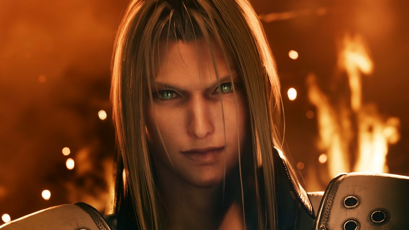 Крупный план человека с мечом и огнем на фоне (сефирот, sephiroth, final fantasy 7 remake, final fantasy vii remake, ff vii remake)