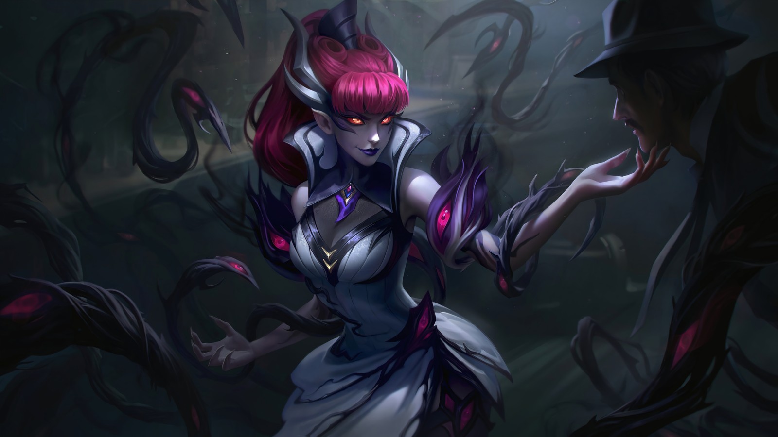 Close de uma mulher com cabelo vermelho e um chapéu (pesadelo da cidade do crime, crime city nightmare, zyra, pele, lol)