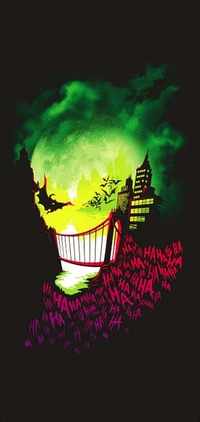 A vibrant illustration depicting Gotham City with a dramatic green and yellow backdrop, featuring chaotic laughter and silhouettes of buildings, evoking the essence of The Joker's villainy in DC Comics.