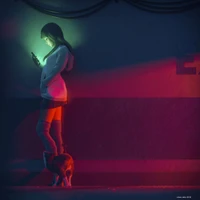 Illuminated Solitude: A Young Woman with a Phone and a Dog in a Vibrantly Colored Room