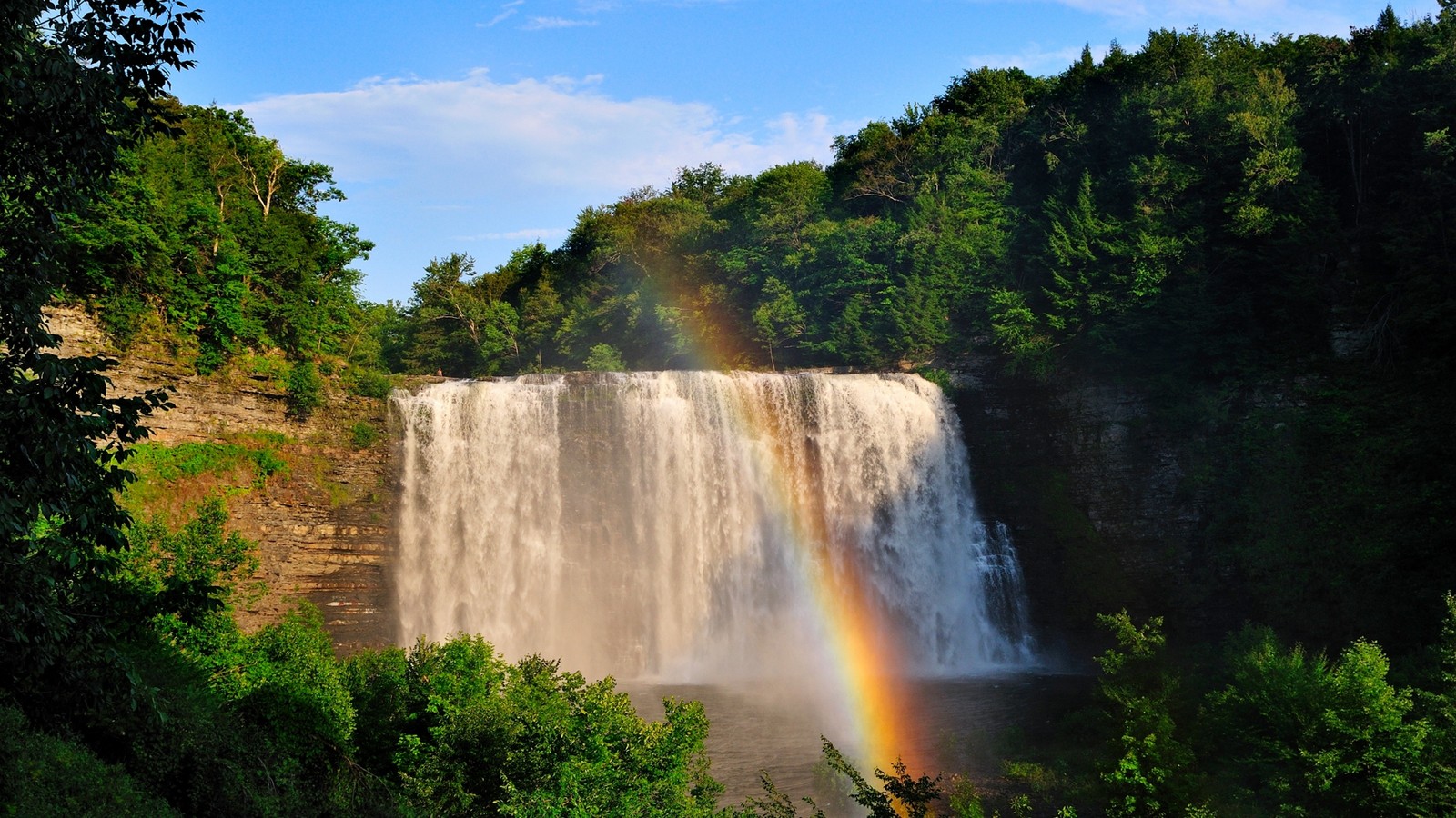 Une cascade avec un arc-en-ciel au milieu d'une forêt. (la cascade, chutes de la rivière arc en ciel, plan deau, ressources en eau, nature)