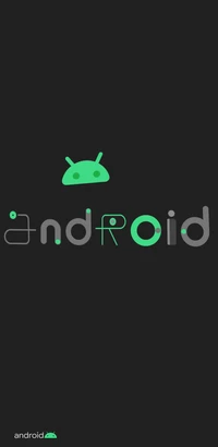 Stylized "Android" logo in vibrant green on a dark background, featuring playful graphic design elements.