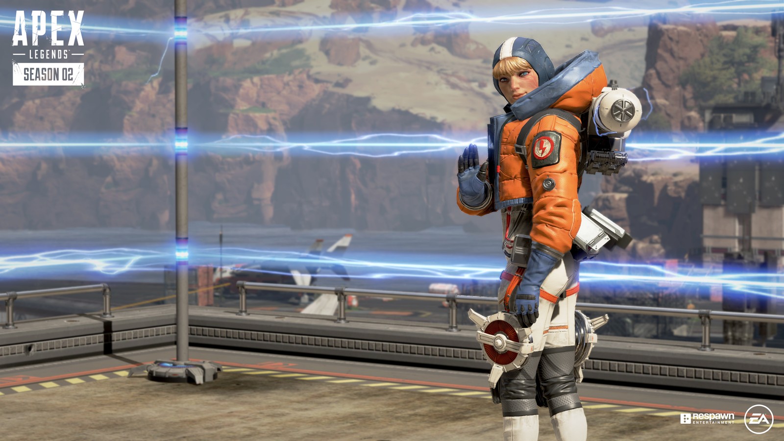 A close up of a person in a space suit standing on a platform (apex legends, video game, wattson)