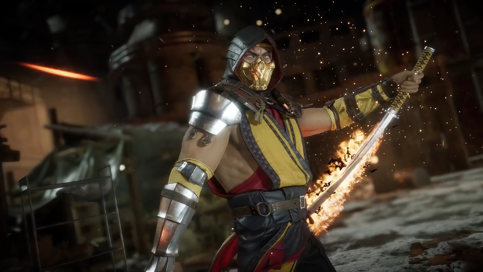 Eine nahaufnahme einer person mit einem schwert in einem dunklen raum (skorpion, mortal kombat 11, mk11, videospiel)