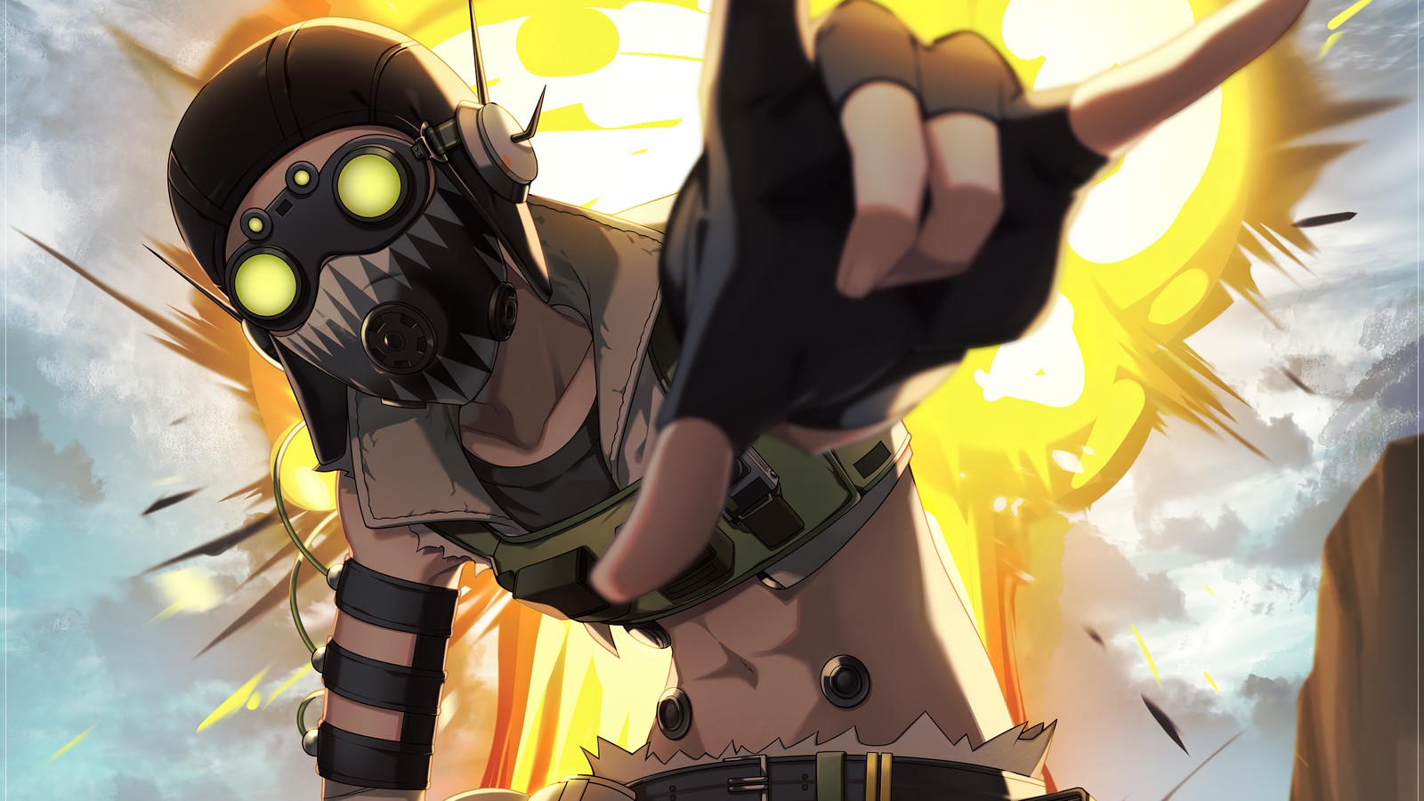 A close up of a person pointing a finger at something (octane, apex legends, video game, art)