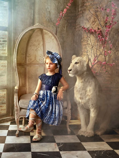 Enchanting Portrait of a Girl with a White Lion in a Surreal Setting