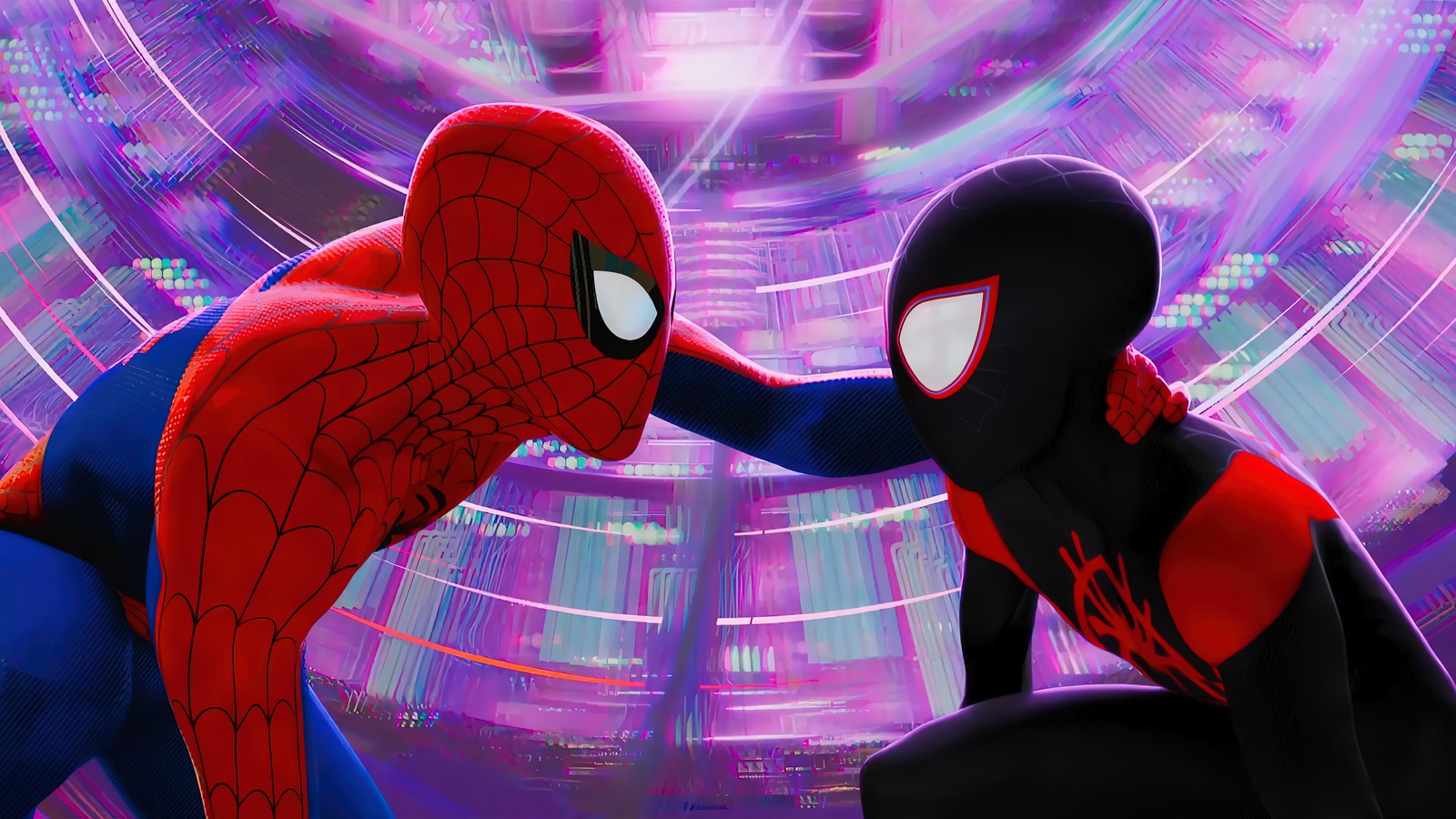 Spider-man et spider-woman dans une scène futuriste (peter parker, miles morales, spider man à travers le spider verse, spider man across the spider verse, film)